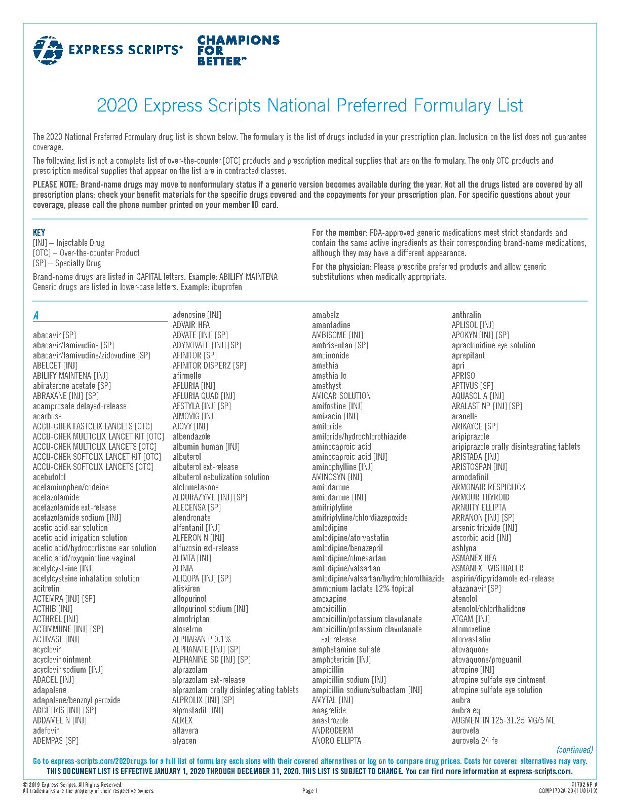Express Scripts 2020 National Preferred Formulary List PDF Host